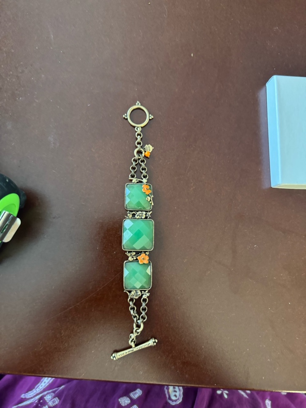 Vintage Lucky Brand Green Faceted Stone & Orange Flower Gold Tone Bracelet - Picture 2 of 11